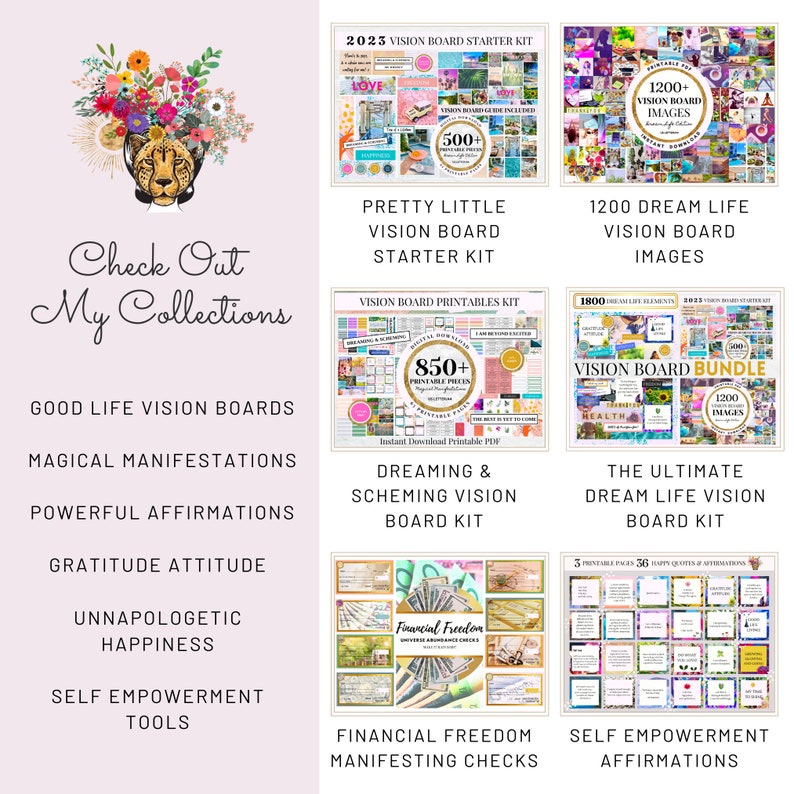 May include: A collage of digital images showcasing different vision board kits. The kits include a variety of images, quotes, and affirmations. The kits are designed to help people achieve their goals and dreams.