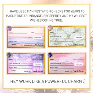 May include: Four pink and gold printable manifestation checks with a different background image on each. The checks have the text "Pay to the order of Magical Memo 247 365" and "Wish Granted" and "Signed Love From The Universe".