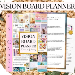 May include: A pink and white vision board planner with the text "Vision Board Planner Dream Life Living" on the cover. The planner features a collage of images and text, including "I Am Creative & Authentic Design", "I Am Good Energy", "I Am Living the Dream", "Manifest", "Fun In", and "Dream Life Living".
