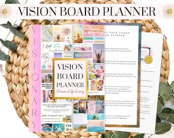Vision Board Planner Digital | Printable Journal Manifestation Pages PDF Law of Attraction Affirmation Dream Life Alignment Worksheets A4/US