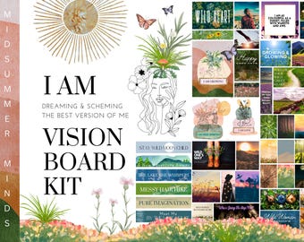 May include: A vision board kit with a variety of inspirational quotes and images. The kit includes a variety of images, including a woman with flowers in her hair, a sunset over mountains, and a path through a forest. The kit also includes a variety of quotes, such as "I am dreaming & scheming the best version of me" and "Stay wild moon child".