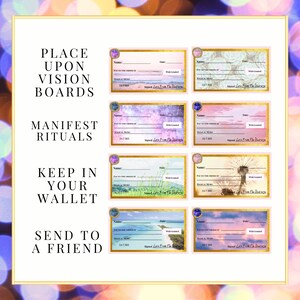 May include: Six printable cheque-style cards with different nature-themed backgrounds. Each card has a gold border and the text "Pay to the order of Magical Memo 247 365 Signed Love From The Universe".