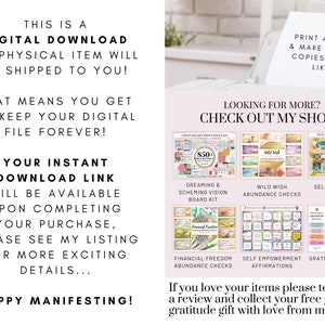May include: A digital download product listing for printable vision boards and abundance checks. The listing features a variety of designs, including "Dreaming & Scheming Vision Board Kit", "Wild Wish Abundance Checks", and "Self Care Vision Board Kit". The text "PRINT AT HOME & MAKE AS MANY COPIES AS YOU LIKE :)" is also included in the image.