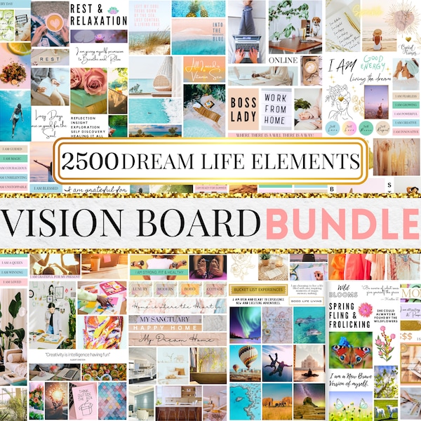 Vision Board Bundle Manifest Happiness Printable PDF Mood Board Women Inspiring Quotes Positive Affirmation Abundance Law of Attraction 2023