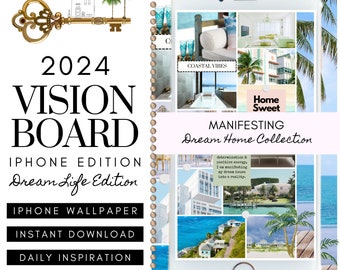 Vision Board Iphone Wallpaper Digital Sticker Collage Printable PNG Digital Download Inspiring Quotes Home Manifestation Money 2024 Goals