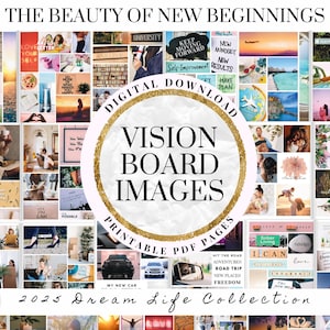 2025 New Beginnings Vision Board Print Images Kit Happiness Printable PDF Mood Board for Women Inspiring Abundance Law Attraction Free Gift