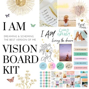 May include: A vision board kit featuring a selection of inspirational quotes and images. The kit includes a set of affirmation stickers, a set of vision board cards, and a set of printable vision board templates. The kit is designed to help you create a vision board that will help you achieve your goals.