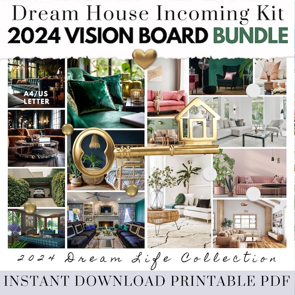 2024 Vision Board Bundle Kit Dream Home Manifesting Happiness PDF imprimable Home Mood Board pour les femmes Loi de l'attraction Cadeau gratuit Nouvelle maison