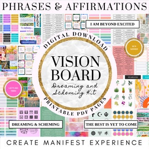 Kit Vision Board 65 pages imprimables 850 pièces + images Téléchargement instantané PDF Mood Board, kit Manifestation Loi de l'attraction pour femmes, 2025