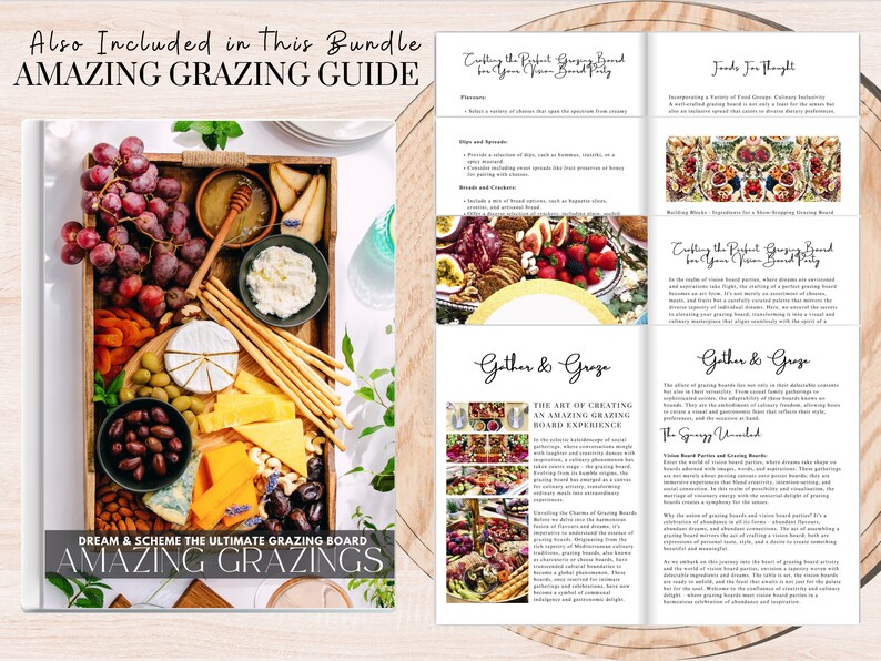 Op de afbeelding: Een boekomslag met een houten achtergrond en een close-up van een charcuterieplank met verschillende kazen, fruit, olijven en crackers. De titel van het boek is "Amazing Grazings: Dream & Scheme the Ultimate Grazing Board".