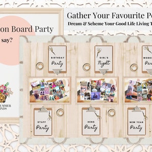 Może przedstawiać: Zaproszenie na imprezę z tablicą wizji z kolażem zdjęć i tekstem "Vision Board Party You say?" oraz "Gather Your Favourite People! Dream & Scheme Your Good Life Living Together!" Zaproszenie zawiera r&oacute;wnież sześć r&oacute;żnych motyw&oacute;w imprez: Przyjęcie urodzinowe, Wiecz&oacute;r panieński, Impreza warsztatowa, Impreza firmowa, Wiecz&oacute;r panieński i Sylwester.