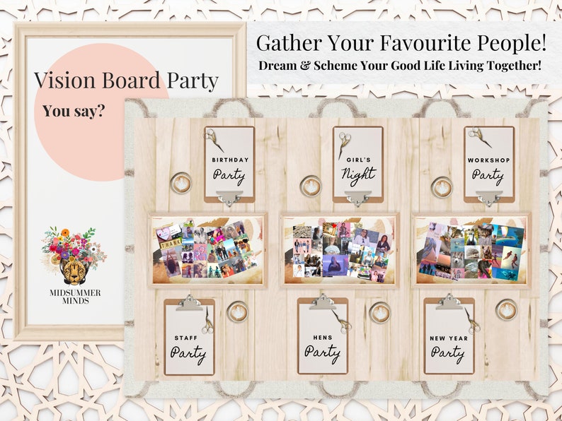 Może przedstawiać: Zaproszenie na imprezę z tablicą wizji z kolażem zdjęć i tekstem "Vision Board Party You say?" oraz "Gather Your Favourite People! Dream & Scheme Your Good Life Living Together!" Zaproszenie zawiera r&oacute;wnież sześć r&oacute;żnych motyw&oacute;w imprez: Przyjęcie urodzinowe, Wiecz&oacute;r panieński, Impreza warsztatowa, Impreza firmowa, Wiecz&oacute;r panieński i Sylwester.