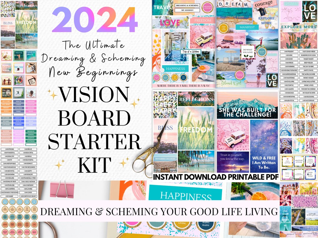 2024 Vision Board Printable PDF Manifest New Beginnings Mood Board for ...