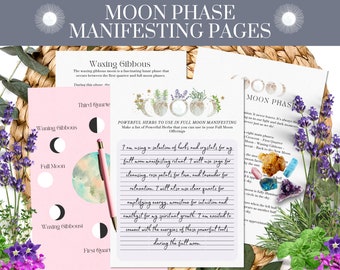 Páginas imprimibles del planificador de fases lunares Guía de cristales mágicos con hierbas Manifestación 2025 Planificador imprimible PDF Descarga instantánea Luna llena digital