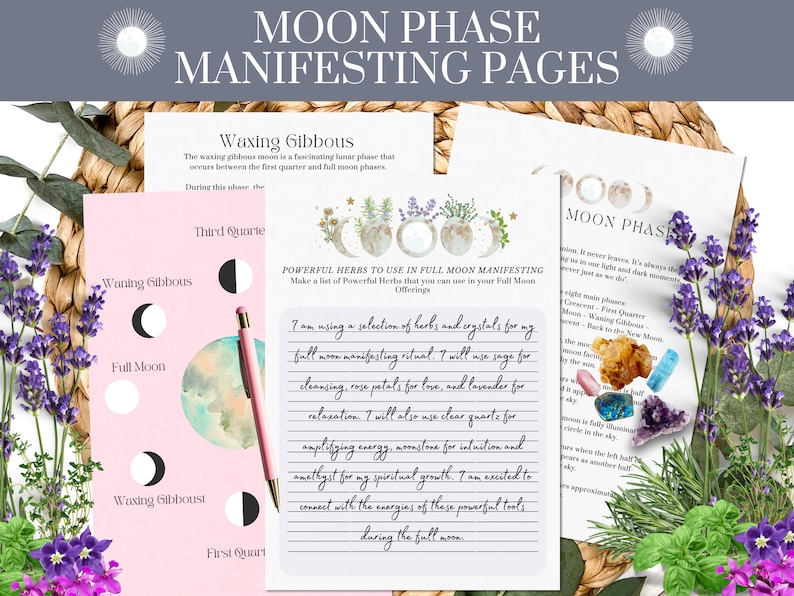 May include: Printable moon phase manifesting pages with a pink and white color scheme. The pages feature moon phases and a section for listing herbs and crystals to use in full moon manifesting rituals. The text on the page reads "I am using a selection of herbs and crystals for my full moon manifesting ritual. I will use sage for cleansing, rose petals for love, and lavender for relaxation. I will also use clear quartz for amplifying energy, moonstone for intuition and amethyst for my spiritual growth. I am excited to connect with the energies of these powerful tools during the full moon."