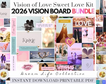 2026 Love Printable Vision Board Bundle Manifest Happiness PDF for Women Inspiring Abundance Law Attraction Free Gift