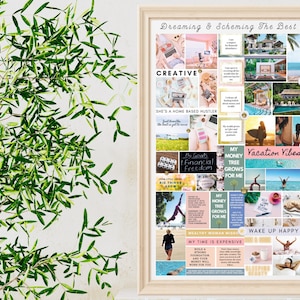 May include: A vision board with a pink and blue colour scheme. The board is divided into squares with images and text. The text includes "Dreaming & Scheming The Best Of Me", "Creative", "She's a Home Based Hustler", "My Goals Financial Freedom", "My Money Tree Grows For Me", "Vacation Vibes", "Wealthy Woman Wise", "My Time Is Expensive", and "Wake Up Happy".