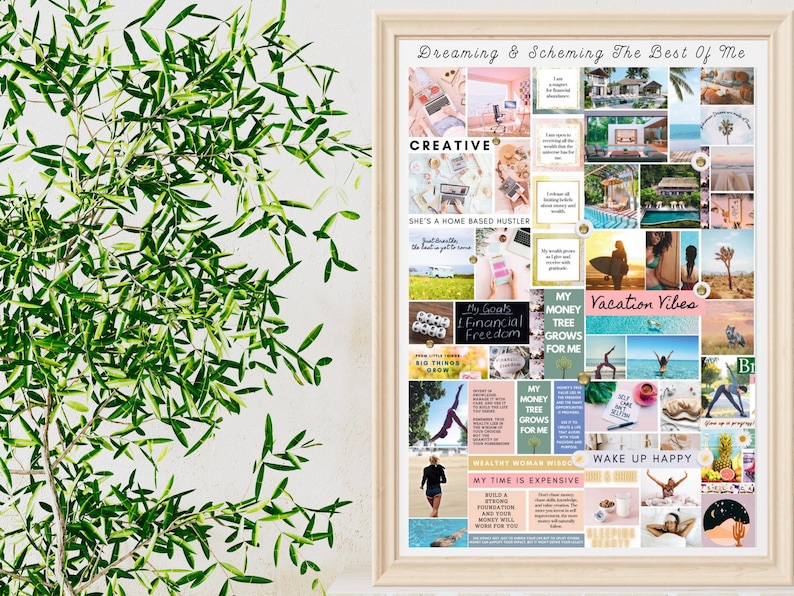 May include: A vision board with a pink and blue colour scheme. The board is divided into squares with images and text. The text includes "Dreaming & Scheming The Best Of Me", "Creative", "She's a Home Based Hustler", "My Goals Financial Freedom", "My Money Tree Grows For Me", "Vacation Vibes", "Wealthy Woman Wise", "My Time Is Expensive", and "Wake Up Happy".