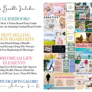 Op de afbeelding: Een collage van afbeeldingen voor inspiratie voor vision boards. De afbeeldingen omvatten een verscheidenheid aan thema's, zoals financi&euml;le vrijheid, vakantie vibes en creatieve bezigheden. De tekst "This Bundle Includes: 2 Guidebooks, 3 Best Selling Vision Board Kits, 3000 Dream Life Elements, Gratitude Gifts Galore! With Love Always, Loa Xe" is zichtbaar in de afbeelding.
