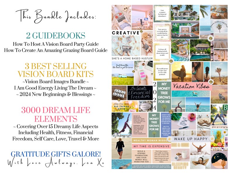 Op de afbeelding: Een collage van afbeeldingen voor inspiratie voor vision boards. De afbeeldingen omvatten een verscheidenheid aan thema's, zoals financi&euml;le vrijheid, vakantie vibes en creatieve bezigheden. De tekst "This Bundle Includes: 2 Guidebooks, 3 Best Selling Vision Board Kits, 3000 Dream Life Elements, Gratitude Gifts Galore! With Love Always, Loa Xe" is zichtbaar in de afbeelding.
