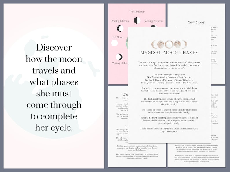 May include: A pink and white illustrated guide to the phases of the moon. The text reads "Discover how the moon travels and what phases she must come through to complete her cycle." and "Magical Moon Phases".