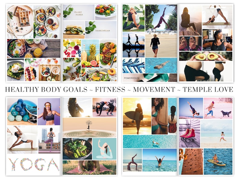 Puede incluir: Un collage de im&aacute;genes que representan un estilo de vida saludable, incluyendo comida, ejercicio y yoga. El texto "HEALTHY BODY GOALS ~ FITNESS ~ MOVEMENT ~ TEMPLE LOVE" est&aacute; en la parte superior del collage. El texto "YOGA" est&aacute; en la parte inferior del collage.