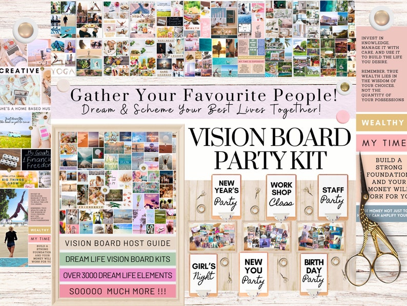 Op de afbeelding: Een vision board party kit met een collage van afbeeldingen en tekst. De kit bevat een gastheerhandleiding, droomleven vision board kits, meer dan 3.000 droomleven elementen en 50.000 extra elementen. De kit bevat ook een verscheidenheid aan feestthema's, zoals Nieuwjaarsfeest, Workshop-klas, Personeelsfeest, Meisjesavond, Nieuw Jij-feest en Verjaardagsfeest.