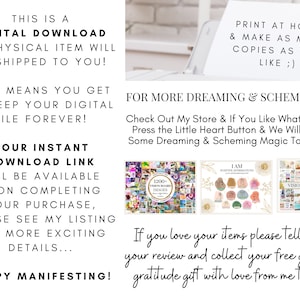 May include: A digital download listing for printable vision board kits. The listing includes a variety of kits, including a 1300+ image kit, a positive affirmations kit, and a vision board bundle. The listing also includes a message about how to get a free gratitude gift.