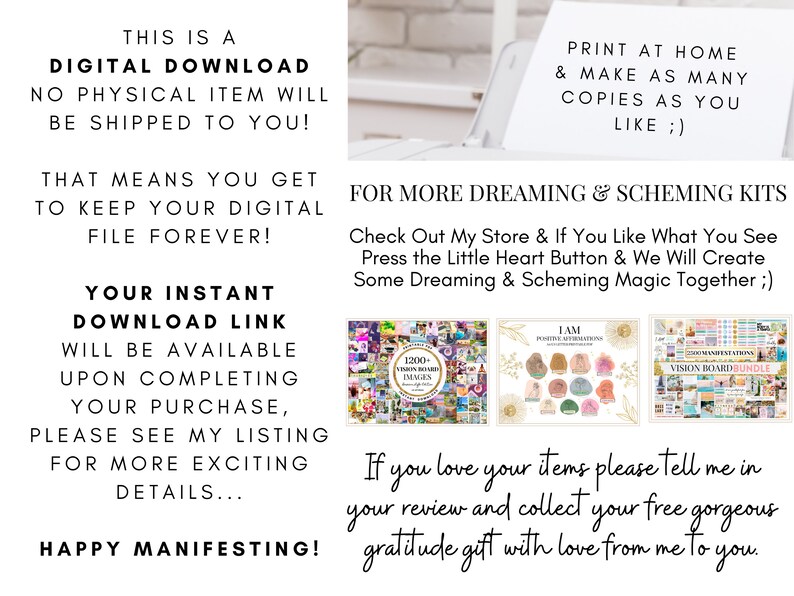May include: A digital download listing for printable vision board kits. The listing includes a variety of kits, including a 1300+ image kit, a positive affirmations kit, and a vision board bundle. The listing also includes a message about how to get a free gratitude gift.