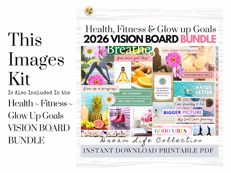 2026 Health Fitness Vision Board Goals Manifest Happiness Printable PDF Mood Board for Women Inspiring Abundance Law of Attraction Free Gift imagen 6