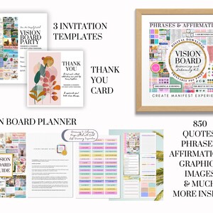 Op de afbeelding: Een digitale vision board kit met 850 citaten, zinnen, affirmaties, afbeeldingen en illustraties. De kit bevat drie uitnodigingstemplates, een bedankkaart en een printbare vision board planner. De kit is ontworpen om je te helpen een manifestatie-ervaring te cre&euml;ren.