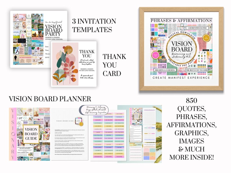 Op de afbeelding: Een digitale vision board kit met 850 citaten, zinnen, affirmaties, afbeeldingen en illustraties. De kit bevat drie uitnodigingstemplates, een bedankkaart en een printbare vision board planner. De kit is ontworpen om je te helpen een manifestatie-ervaring te cre&euml;ren.