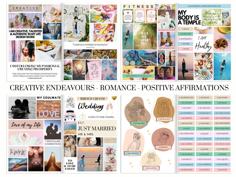 2026 Vision Board Printable PDF Manifest Happiness for Women Inspiring Quotes Positive Affirmations Law of Attraction zdjęcie 5