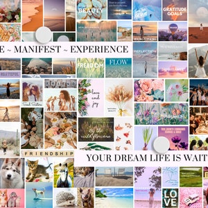 May include: A collage of images with inspirational quotes and phrases, including "Create", "Manifest", "Experience", "Freedom", "Flow", "Love and Joy", "Wild Child Wonderment", "Your Dream Life is Waiting", and "Thank You". The images are a mix of nature, people, and abstract designs.