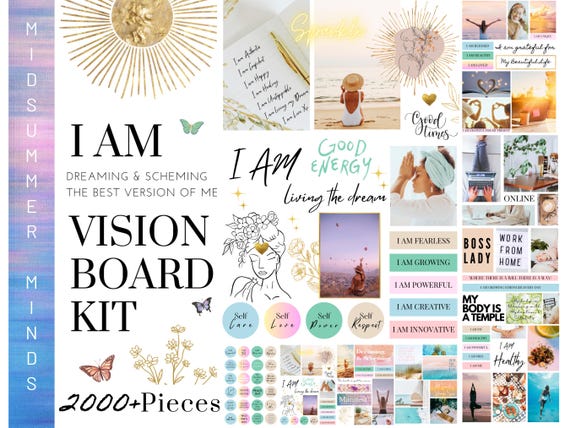 2026 Vision Board Printable PDF Manifest Happiness for Women Inspiring Quotes Positive Affirmations Law of Attraction