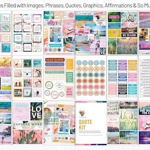 May include: A collage of colorful images and text, including quotes, affirmations, and inspirational messages. The images feature nature, travel, and self-care themes. The text includes phrases like "Self Love", "Explore More", and "Wild World Woman".