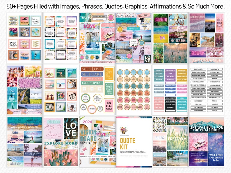 May include: A collage of colorful images and text, including quotes, affirmations, and inspirational messages. The images feature nature, travel, and self-care themes. The text includes phrases like "Self Love", "Explore More", and "Wild World Woman".