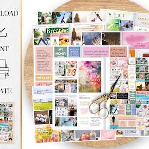 May include: A collage of colourful motivational quotes and images, including phrases like "Breathe", "My Money", "Wealthy", "The Universe Has Got My Back, Front & Sides", "Creative", "Vacation Vibes", and "Save Money".