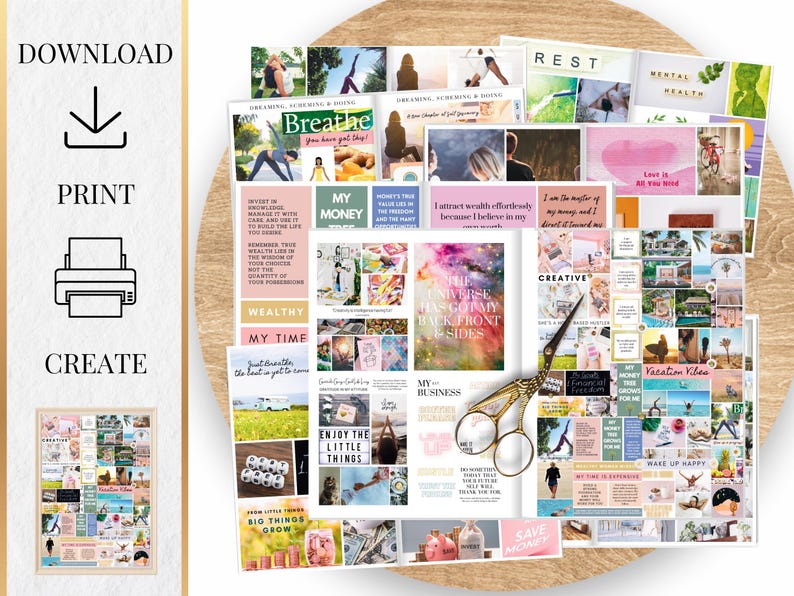 May include: A collage of colourful motivational quotes and images, including phrases like "Breathe", "My Money", "Wealthy", "The Universe Has Got My Back, Front & Sides", "Creative", "Vacation Vibes", and "Save Money".