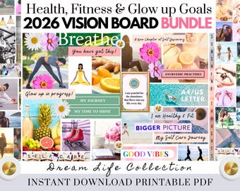 2026 Health Fitness Vision Board Bundle Manifest Happiness Printable PDF Mood Board for Women Inspiring Abundance Law Attraction Free Gift