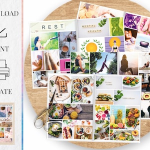 May include: A collage of images featuring a healthy lifestyle, including yoga, meditation, plant-based foods, and mental health. The collage includes text such as "REST", "MENTAL HEALTH", and "PLANT BASED".
