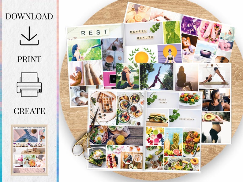 May include: A collage of images featuring a healthy lifestyle, including yoga, meditation, plant-based foods, and mental health. The collage includes text such as "REST", "MENTAL HEALTH", and "PLANT BASED".