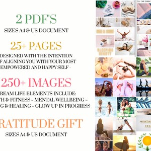 Puede incluir: Un collage de im&aacute;genes con un esquema de color rosa, verde y naranja. El texto "2 PDF'S" est&aacute; en la parte superior de la imagen, seguido de "SIZES A4 & US DOCUMENT". El texto "25+ PAGES" est&aacute; debajo de eso, seguido de "DESIGNED WITH THE INTENTION OF ALIGNING YOU WITH YOUR MOST EMPOWERED AND HAPPY SELF". El texto "250+ IMAGES" est&aacute; debajo de eso, seguido de "DREAM LIFE ELEMENTS INCLUDE: HEALTH & FITNESS~MENTAL WELLBEING~DEALING & HEALING~GLOW UP IN PROGRESS". El texto "GRATITUDE GIFT" est&aacute; debajo de eso, seguido de "SIZES A4 & US DOCUMENT". El collage de im&aacute;genes incluye im&aacute;genes de personas haciendo yoga, meditando y disfrutando de la naturaleza. El texto "SELF CARE SUNDAY IS MY MOST FAVORITE DAY OF ALL" est&aacute; en la parte superior del collage.