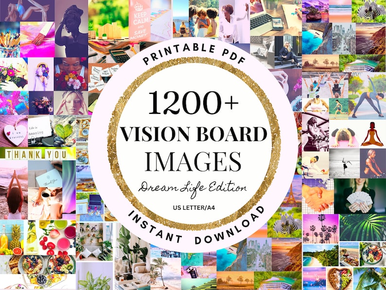 Utskrivbart visionstavlapaket 1200 bilder Direktnedladdning PDF Utskrivbara foton Moodboard för henne Manifesteringskit Attraktionslagen Lycka bild 1