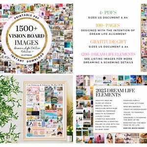 May include: A collage of images for vision boards, featuring a variety of themes, including travel, nature, and personal growth. The text "1500+ Vision Board Images" is featured in a circle at the top of the collage. The text "Dream Life Edition Volume II" is also featured in the circle. The text "Instant Download" is featured below the circle.