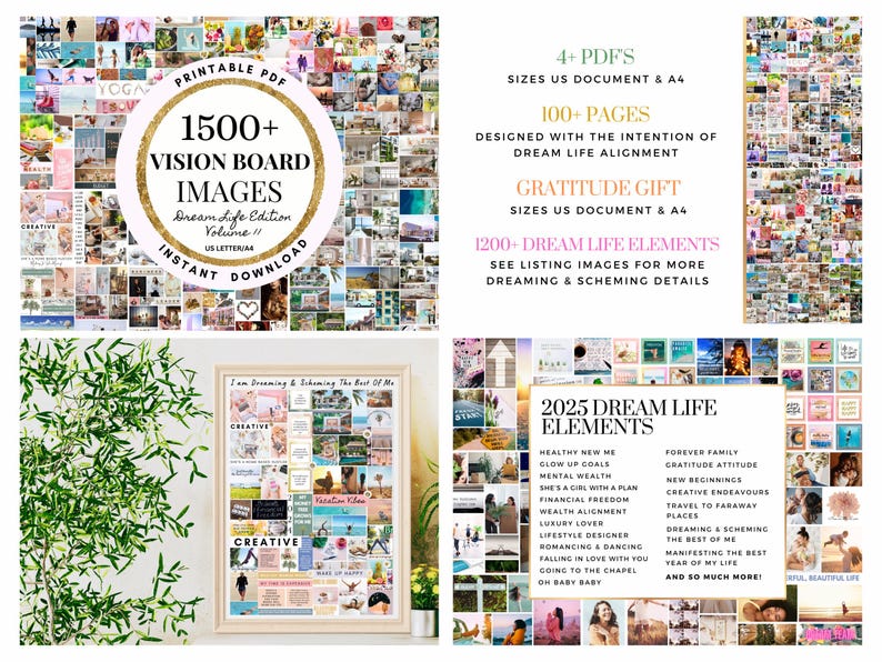May include: A collage of images for vision boards, featuring a variety of themes, including travel, nature, and personal growth. The text "1500+ Vision Board Images" is featured in a circle at the top of the collage. The text "Dream Life Edition Volume II" is also featured in the circle. The text "Instant Download" is featured below the circle.