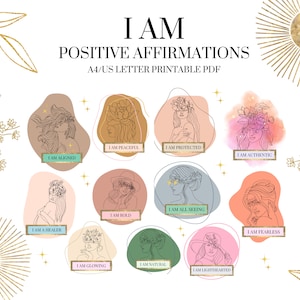 May include: Printable PDF with 10 positive affirmations for self-love and empowerment. Each affirmation features a line drawing of a woman with flowers in her hair and a text box with the affirmation. The affirmations include "I am aligned", "I am peaceful", "I am protected", "I am authentic", "I am a healer", "I am bold", "I am all seeing", "I am fearless", "I am glowing", "I am natural", and "I am lighthearted".