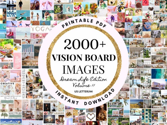 2026 Vision Board Images Manifest Happiness Printable PDF Mood Board for Women Inspiring Positive Affirmations Abundance Law of Attraction