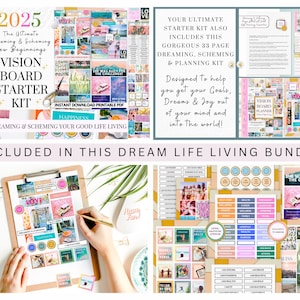 May include: A digital printable vision board starter kit for 2025. The kit includes a 33-page planning guide and a vision board planner with colorful images and text. The text includes "The Ultimate Dreaming & Scheming New Beginnings" and "Happiness".