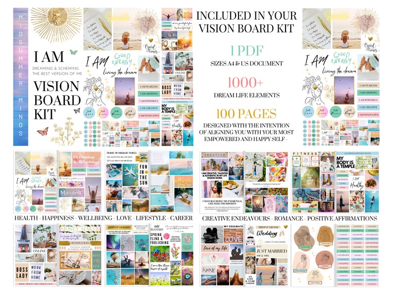 Op de afbeelding: Een digitale vision board kit met meer dan 1000 droomlevenselementen, 100 pagina's en een PDF-document. De kit is ontworpen om je te helpen je te verbinden met je meest krachtige en gelukkige zelf. De kit bevat afbeeldingen van gezondheid, geluk, welzijn, liefde, levensstijl, carri&egrave;re, creatieve inspanningen, romantiek en positieve affirmaties.